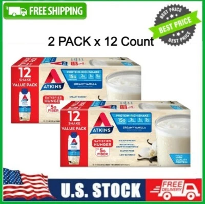 2 PACK x 12 Count Atkins Creamy Vanilla Protein Shake, High Protein, Low Carb - Image 1 of 4