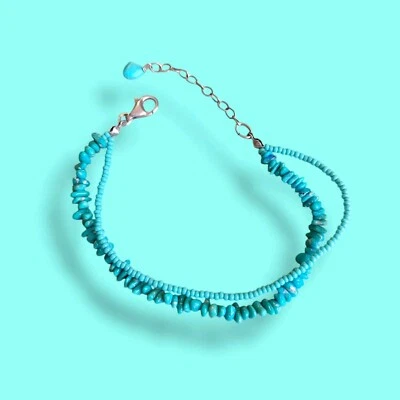 Sterling Silver 925 Dyed Turquoise Howlite Beaded Chain Bracelet 9" Southwest St - Image 1 of 4
