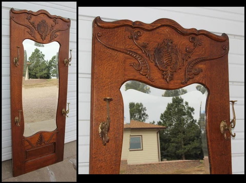 Antique Nouveau Rift Sawn Oak Entry Hall Beveled Mirror Ornate Brass Coat Hooks Cover