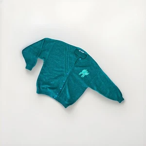 Vintage 80s Green Wool Sweater Cardigan Made In ITALY Appliqué Preppy VTG Clown - Picture 1 of 9
