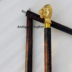 vinatge brass lion king head handle leather walking 3 fold stick new cane gift - Picture 1 of 12