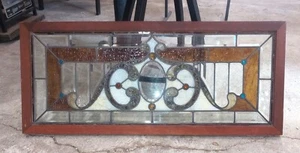 Antique Leaded Stained Glass Panel Beveled Transom Wrought Iron 42-1/4 X 18-1/4" - Picture 1 of 7