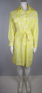 VINTAGE 1970s WOMEN'S CANARY YELLOW PRINT LONG SLEEVE SHIRT DRESS - HOBNOBBER - - Picture 1 of 12