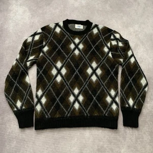 Vintage 80s Arrow Shaggy Orlon Acrylic Sweater Size L Argyle Pattern Green Brown - Picture 1 of 12