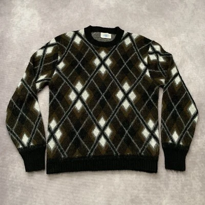 Vintage 80s Arrow Shaggy Orlon Acrylic Sweater Size L Argyle Pattern Green Brown - Image 1 of 4