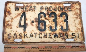 Vintage 1951 SASKATCHEWAN Canada License Plate #4-633 WHEAT PROVINCE - Picture 1 of 9
