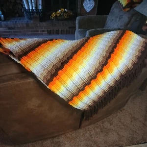 Vintage Afghan 71"×55" Vibrant Color Gold Yellow Orange Brown Tan FRINGED - Picture 1 of 5