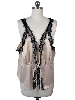 Boohoo Y2K Camisole Top Blouse Womens 22 Beige Black Lace Cottage Coquette Boho - Image 1 of 4