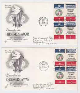 TurtlesTradingPost- POW/ MIA- 1970 FDC #1421-2 Artcraft- Both FD Cities- Blocks - Picture 1 of 1