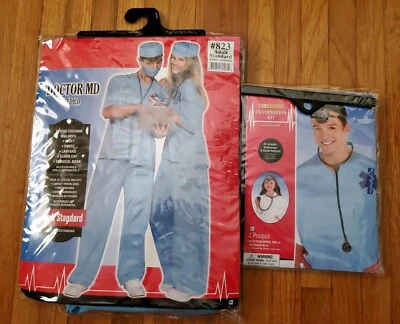 Doctor MD 5 件套服装成人外科医生磨砂万圣节 +(检查套件)全新 — 第 1/4 张图片