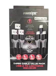 POWERXCEL 3 Charge Cables USB-A to Lightng- 4ft 6ft 10 Ft, Iphone,Ipad,ipod FAST - Picture 1 of 2