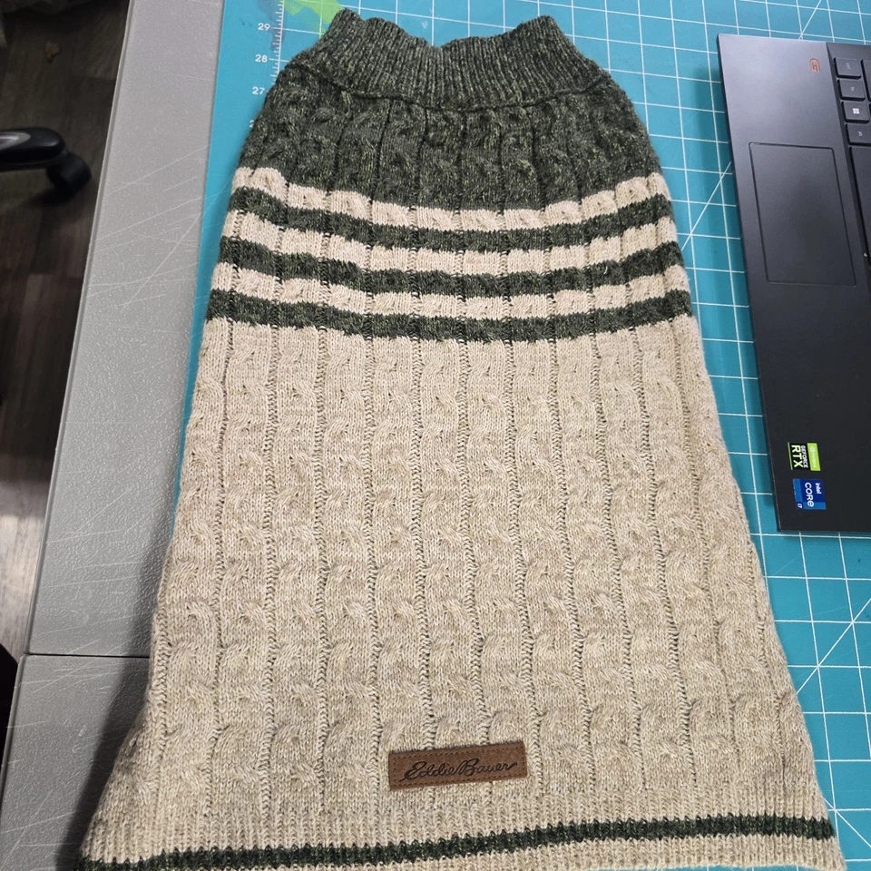 Suéter Eddie Bauer Perro L Grande Tejido con Cable Verde Beige Rayas Mascota Pullover Foto 1 de 4