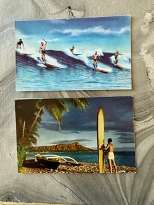 2 postales vintage de LONGBOARD SURFING Hawaii SURFER WAIKIKI LONG BEACH - Imagen 1 de 4