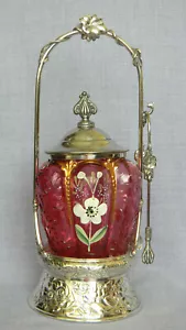 Antique VICTORIAN PICKLE CASTOR Cranberry Flower Insert in Silverplate holder - Picture 1 of 10