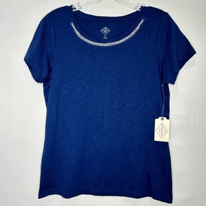 NWT St. John’s Bay Woman’s Top sz M Navy Blue Short Sleeves Embellished w/ Beads - Picture 1 of 10