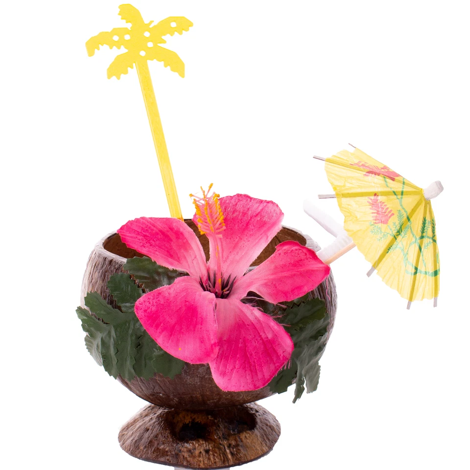 Taza de coco Luau, selección de sombrilla y agitador paquete de 4 utensilios de fiesta, marrón múltiple Foto 1 de 4