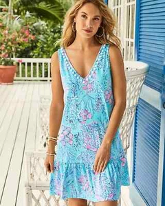 $108 LILLY PULITZER CAMILLA DRESS BLUE IBIZA NOW YOU SEA ME SIZE S 100% COTTON - Picture 1 of 9