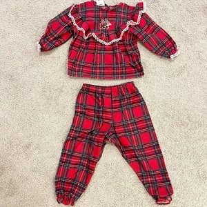Vintage Disney Pajamas Girls Sz 3T Red Flannel Lace Trim Plaid 90s Minnie Daisey - Picture 1 of 8