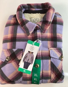 Sage Collective Women’s Plush Plaid Button Up Sherpa Shirt Jacket, Purple, XL - Picture 1 of 9