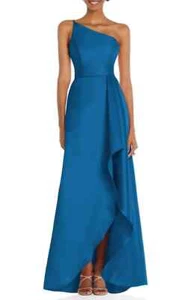 Alfred Sung Classic Blue One Shoulder Satin Gown Size 14 $252 D831 - Picture 1 of 3