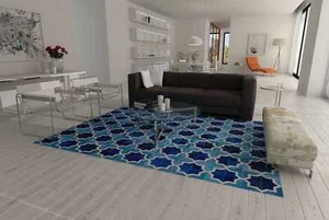 Special blue colour handmade large cowhide patchwork leather carpet rugs Area - Picture 1 of 6