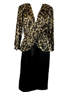 XL NWT NOS Vintage 80s Power Shoulder Dress Plunge Bust Gold Lame Leaf Print - Picture 1 of 5