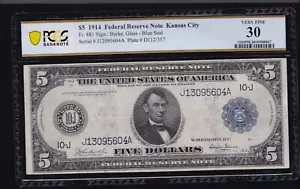 US 1914 $5 FRN Kansas Note Burke/Glass FR 881 PCGS 30 Ch VF (604) - Picture 1 of 2