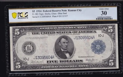 US 1914 $5 FRN Kansas Note Burke/Glass FR 881 PCGS 30 Ch VF (604) - Image 1 of 2