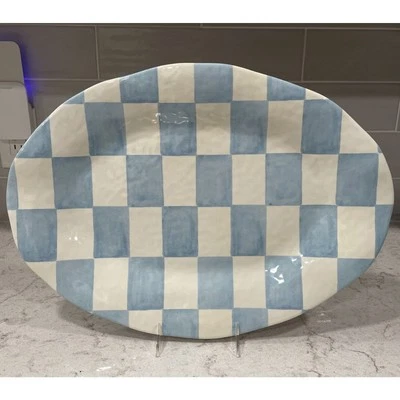 BABY BLUE CHECKERED 18x13” Oval Serving Platter Serve Tray Party Melamine Blend - Image 1 of 4