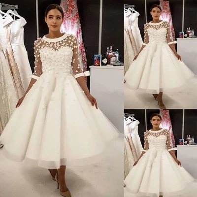 Vintage Short Wedding Dresses 3/4 Sleeves Lace Appliques Tea Length Bridal Gowns - Image 1 of 4