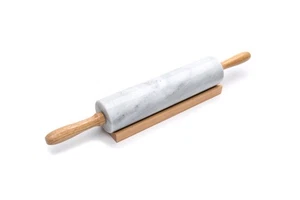 Nudelholz aus poliertem Marmor mit Holzwiege, 10 Zoll Lauf, weiß - Bild 1 von 6