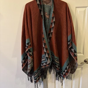 Womens Shawl Wrap Poncho L-XL Earthy Colors Long Aztec Southwest Boho Fringe - Picture 1 of 6