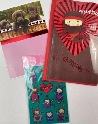 3D Grandson AMERICAN GREETINGS VALENTINES DAY CARD Lot .& DOGS + 3D Stickers - Image 1 of 4