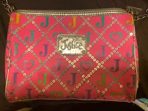 JUSTICE Pink “J” Initial Silver Sequin Zip Top Purse Crossbody ~ Teen Tween Girl - Picture 1 of 5