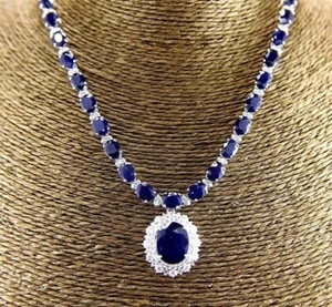 Oval Blue Sapphire & Diamond Tennis Necklace Pendant 14K White Gold 66.47Ct - Picture 1 of 5