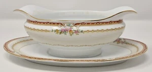 Noritake Rosina Sauciere mit befestigtem Unterteller Keramik Japan 3" t 9" x 6,5" - Bild 1 von 10