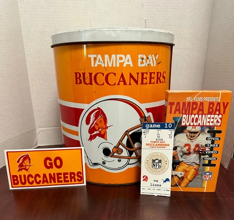Buccaneers Original Old Logo Popcorn Tin-VHS Tape-Game Ticket-Sticker Cover
