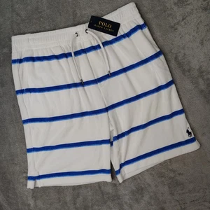 Polo Ralph Lauren Shorts Men's Small White-Blue Striped Terry Drawstring Beach - Picture 1 of 11