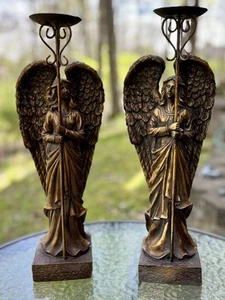 Vintage Pair Bronzed Guardian Angels Candle Holders 18in Tall For Pillar Candle - Picture 1 of 17