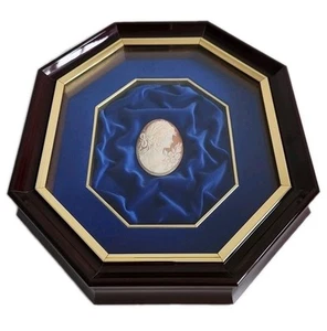 Shadow Box With Shell Cameo Of Women And Flowers Navy Velvet And Woodern Box 11" - Picture 1 of 7