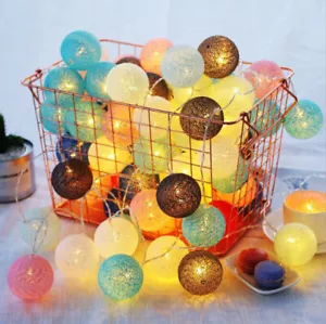 20 LED Cotton Ball Globe Garland String Fairy Lights Bedroom Wedding Party Decor - Picture 1 of 16