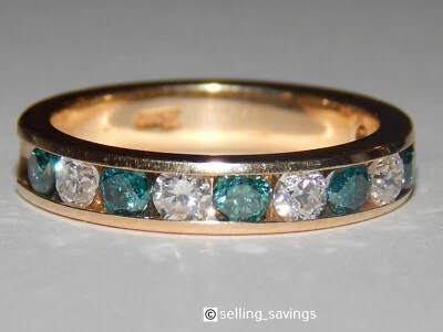 14K SOLID YELLOW GOLD 1.00 TCW BLUE & WHITE DIAMOND CHANNEL SET BAND RING SIZE 6 - Image 1 of 4