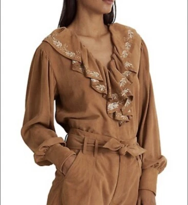 Ralph Lauren Womens Ruffle-Trim Embroidered Suede Blouse Brown Size XL NWT $595 - Image 1 of 4