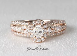 Natural Round and Oval Diamonds Split Shank Halo Engagement Ring 14K Rose Gold - Picture 1 of 8