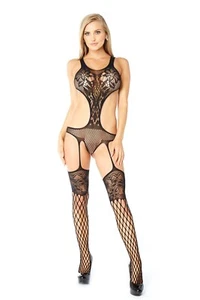 Glitter GL37539 Black Floral Fishnet Bodystocking One Size - Picture 1 of 2