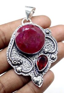 925 Sterling Silver Pink Ruby & Garnet Gemstone Jewelry Pendant Size-2"