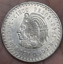 BU 1948 Cinco Pesos .900 Silver Cuauhtemoc Aztec Warrior Mexican Coin