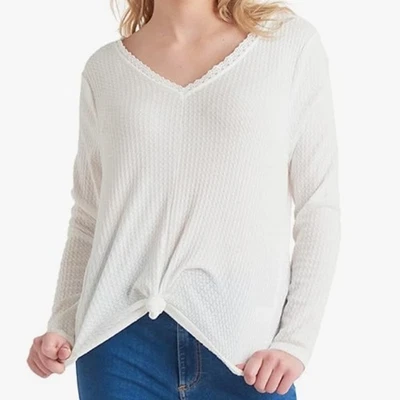 Top tejido gofre con ribete de encaje negro doble cuello en V - blanco - talla pequeña Foto 1 de 4