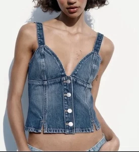 Canotta canottiera donna Zara blu denim dettaglio smock donna M - Foto 1 di 9