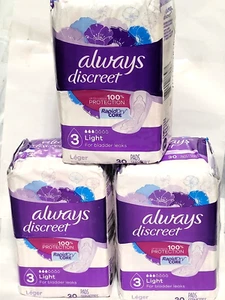 Always Discreet Incontinence - Light #3 Pads for Women, 3 packs of 30 count - Picture 1 of 3